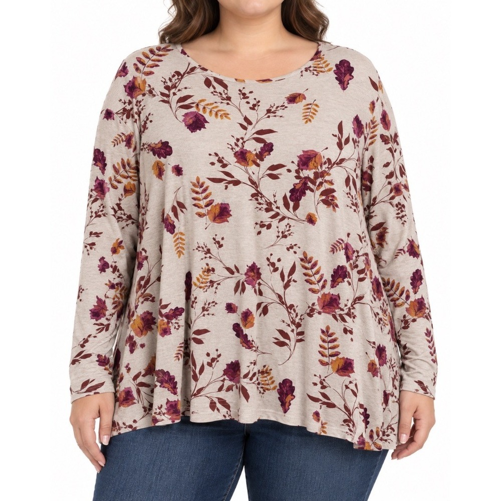 Croft Barrow Womens Plus 3X Floral Long Sleeve Swing Tunic Top Beige Fall